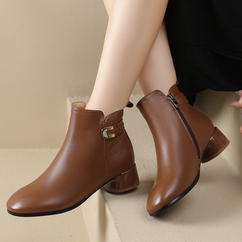 Round Toe Short Boots Women'S 2024 Fall/Winter New Headline Cowhide Thick-Heeled Soft-Soled Leather Boots Plus Size Mid-Heeled Cotton Boots Fashion Boots - Image 4